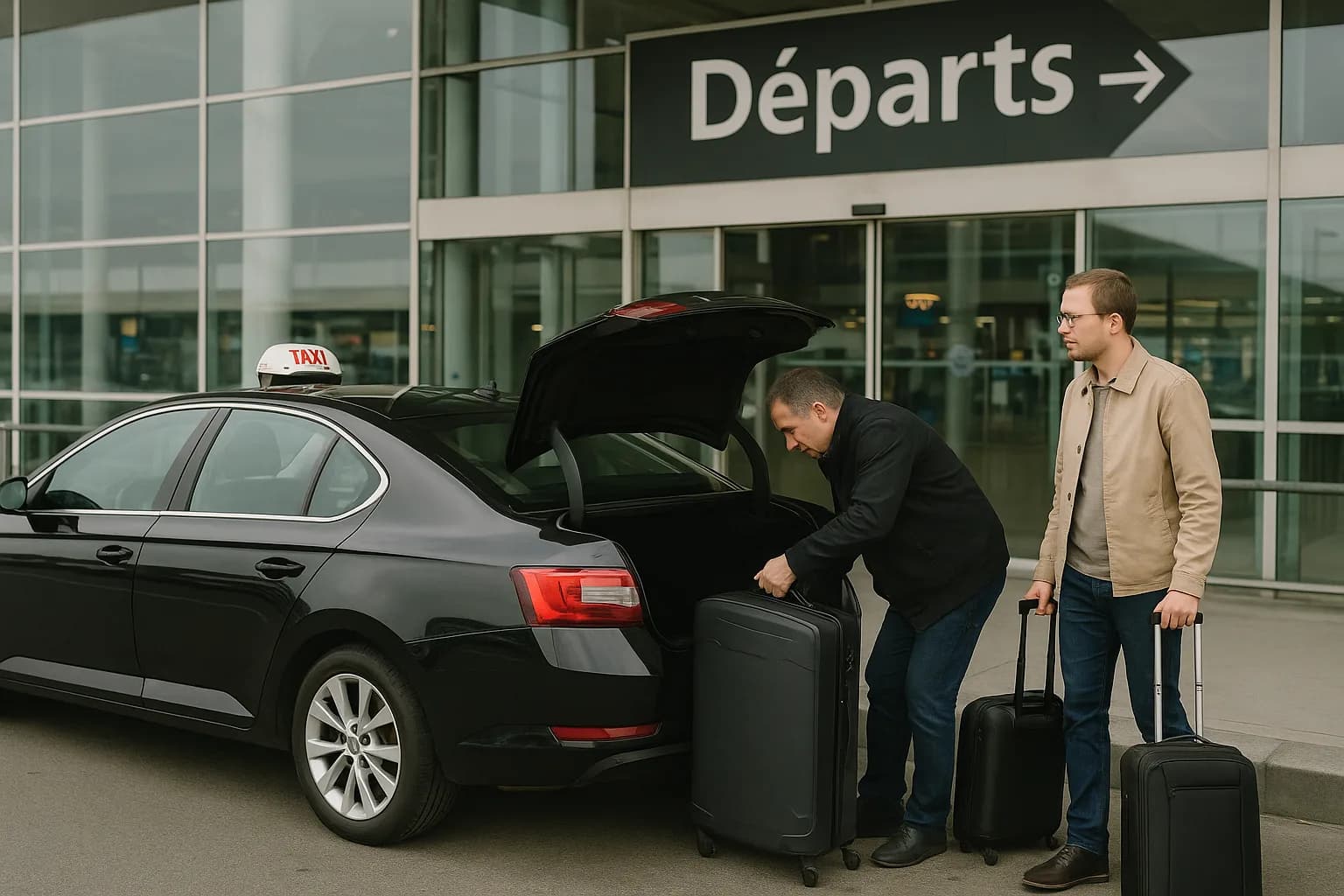 Taxi aéroport pas cher — chargement des bagages au terminal départs