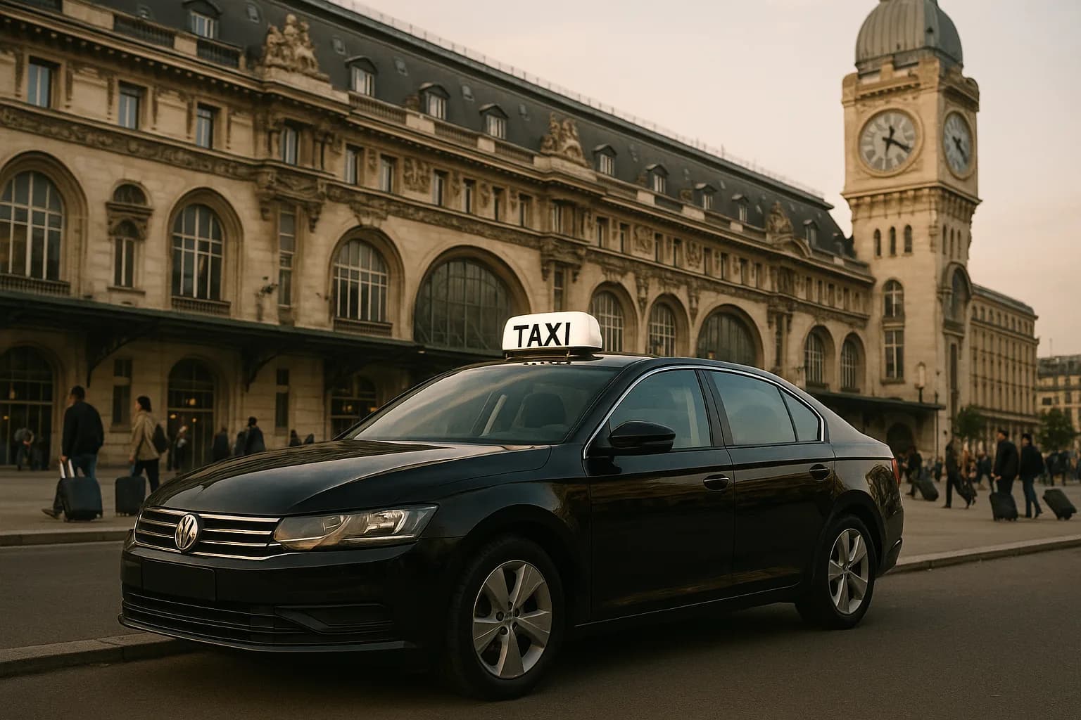 Taxi parisien devant une grande gare de Paris