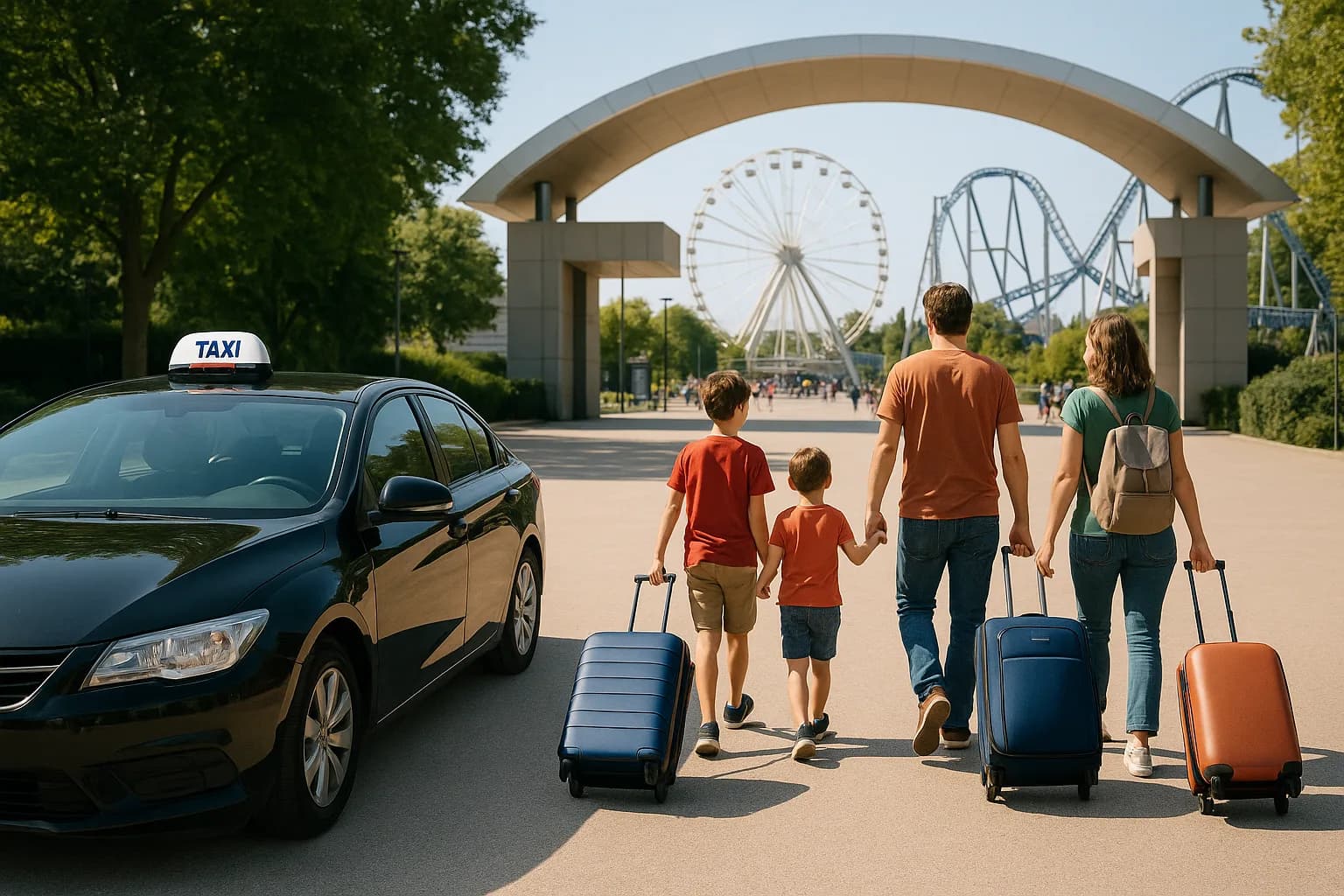 Famille en taxi vers un parc d'attractions d'Île-de-France