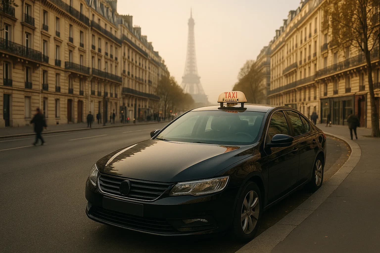 Taxi parisien sur une avenue de Paris, Tour Eiffel au loin